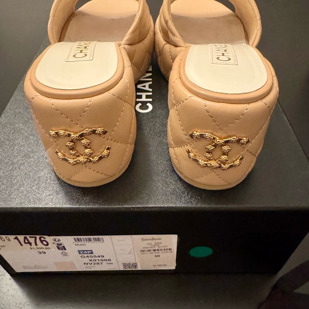 Chanel Tan Quilted Slides with Gold CC